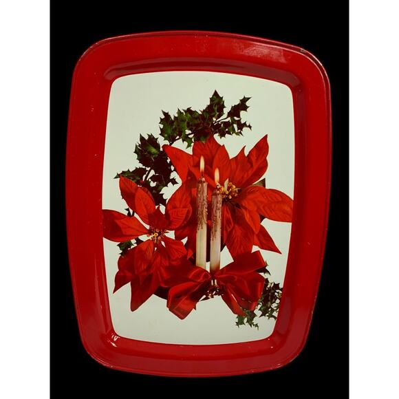 Vintage Holiday Christmas Metal Serving Tray 15 x 11 Inch Poinsettia Candle - Picture 1 of 8